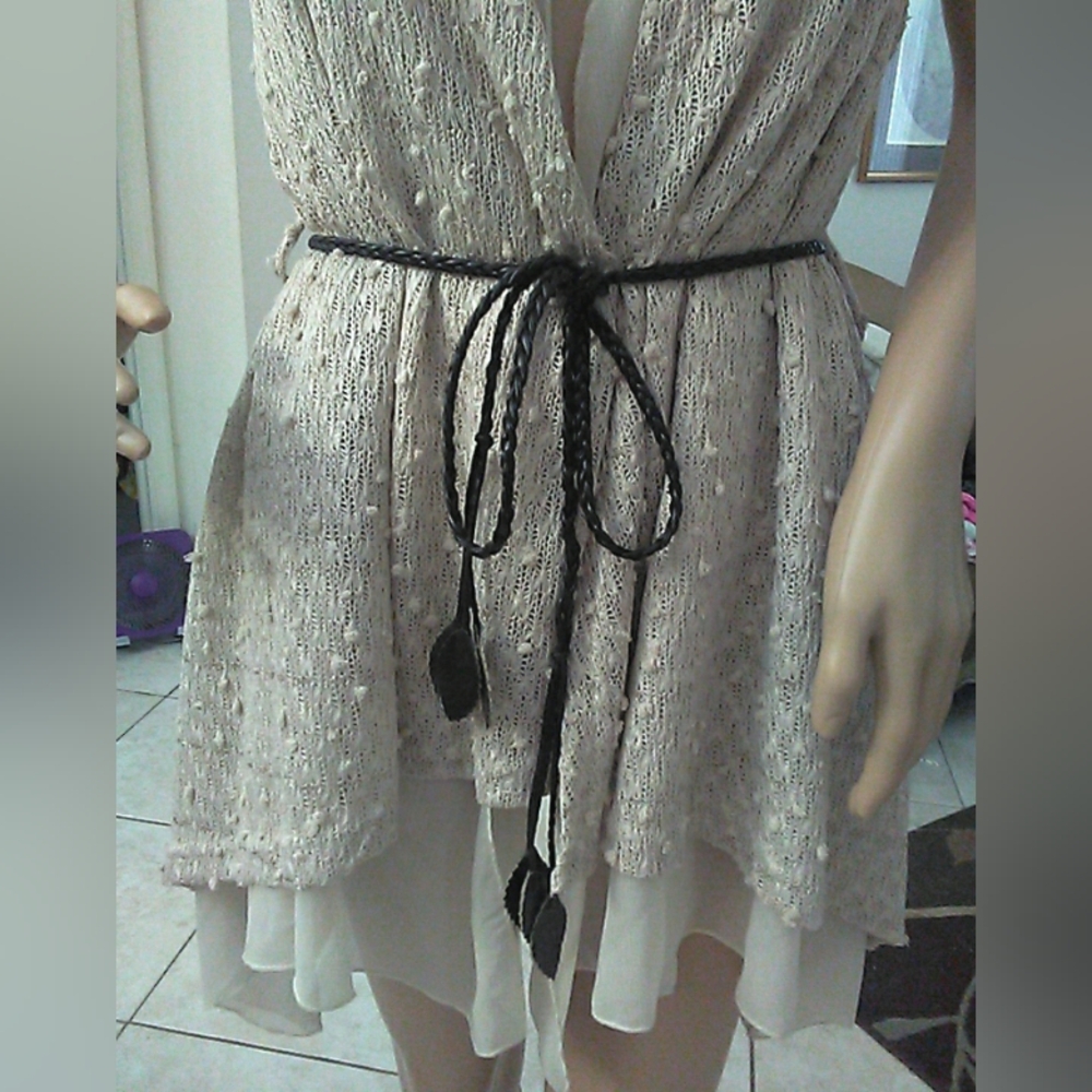 BlBNWT PERCH BEIGE VEST-LIKE BLOUSE BY BLU PEPPER SZ. XL KNIT/ SHEER W/ BELT - Picture 6 of 11